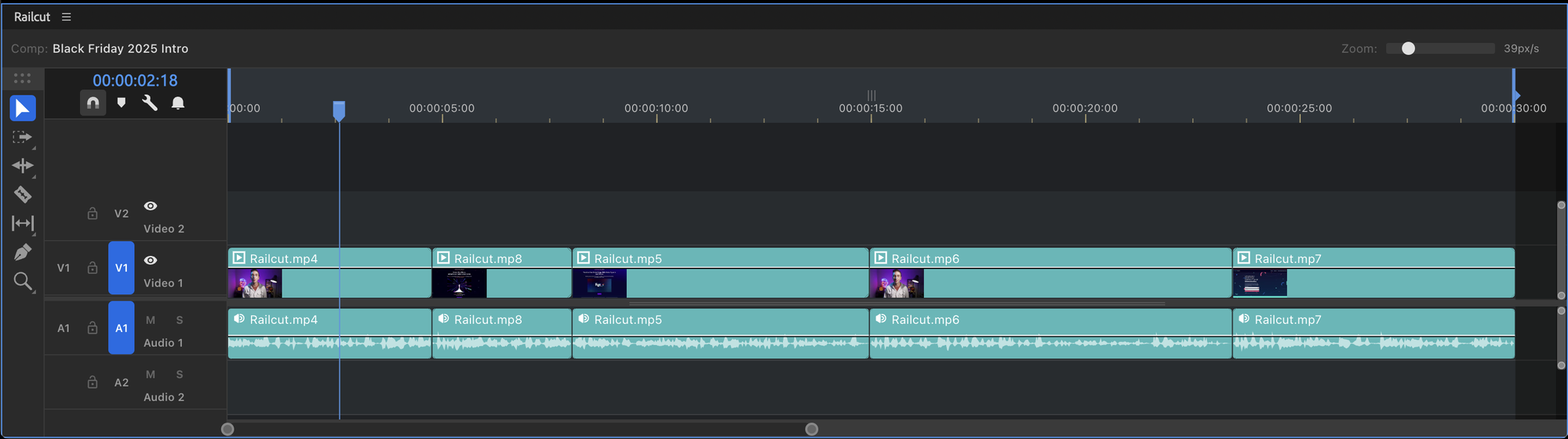 The Railcut timeline showing video and audio tracks with clips, thumbnails, and waveforms